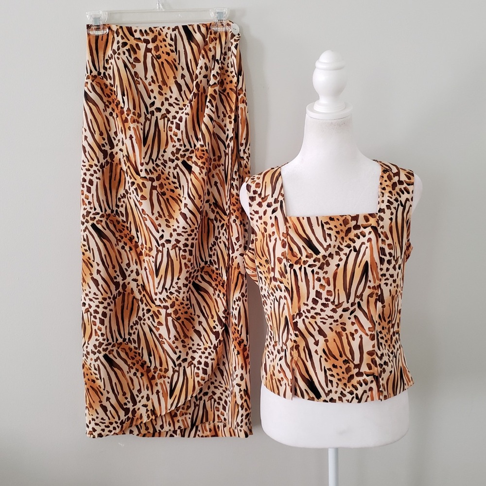 VTG Gantos Y2K Animal Print Maxi Skirt & Top Set SIZE S 6 Resort Statement 90s